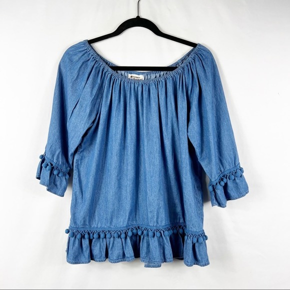 ANTHROPOLOGIE Hester & Orchard Peasant Style Chambray Pom Pom Top - Medium - Picture 2 of 4